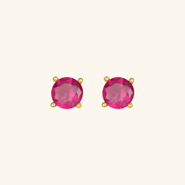 Birthstone Round Earrings - July (Ruby Colored CZ), Set in 18k Solid Gold